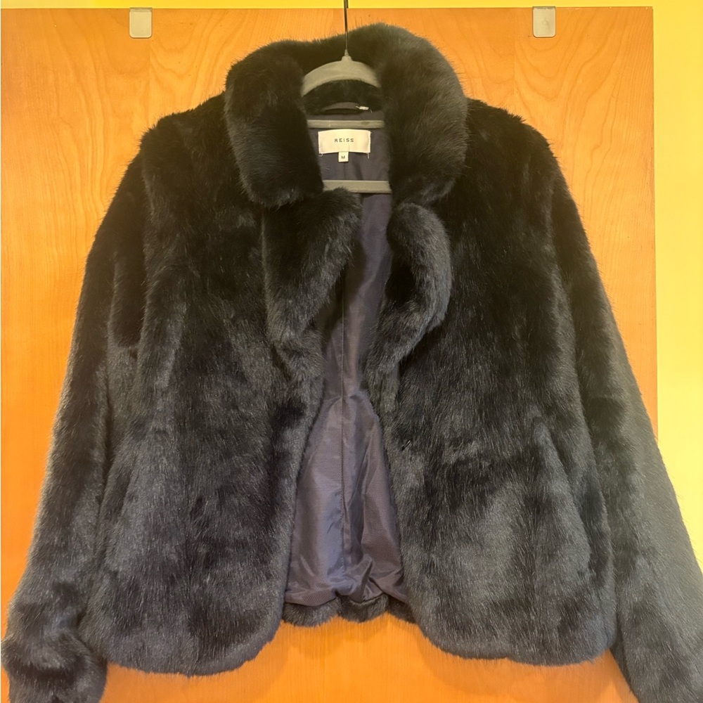 Reiss Navy Faux Fur Jacket
